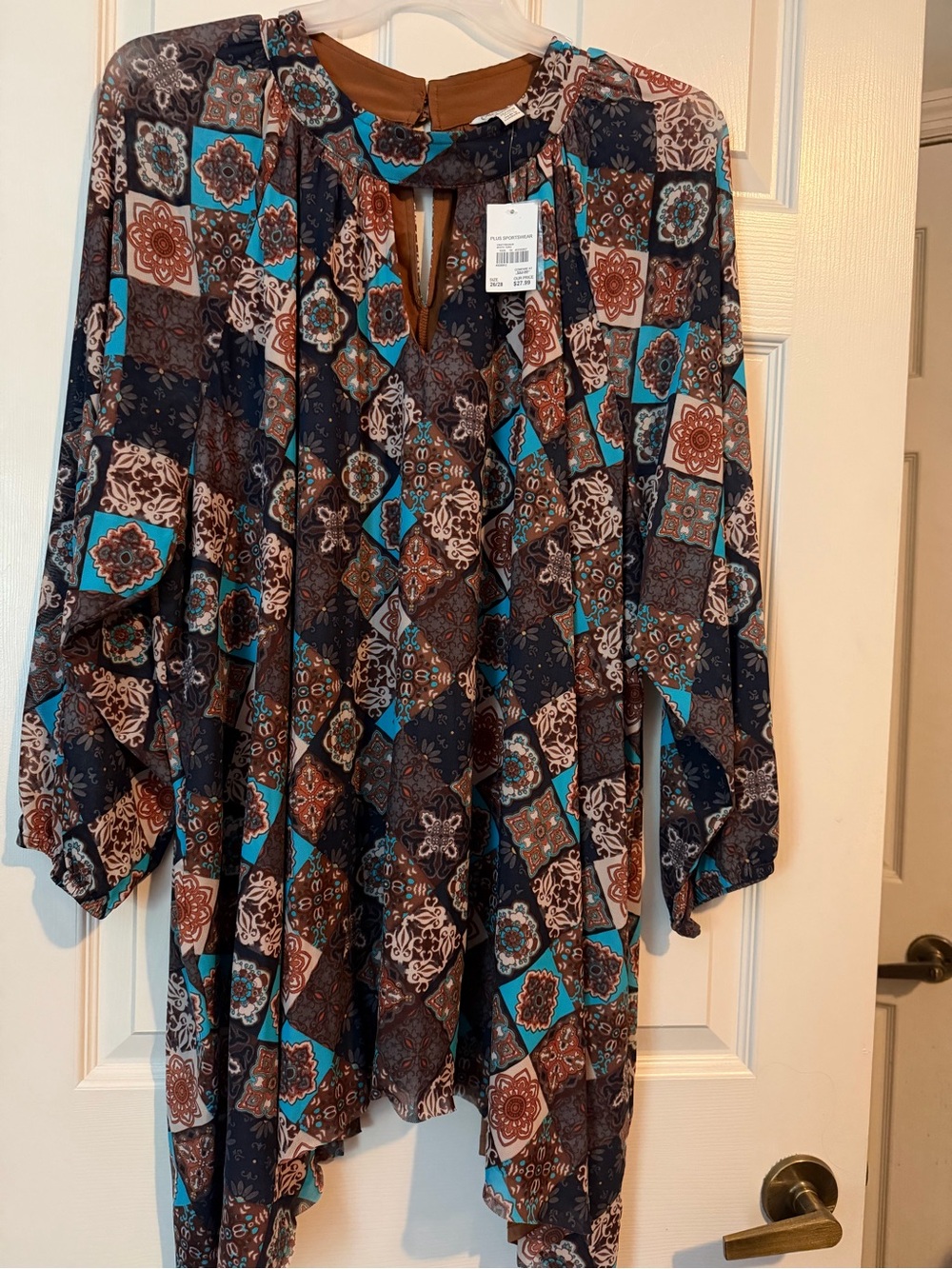 Cato Navy, Teal and Brown Boho Tie-Neck Blouse